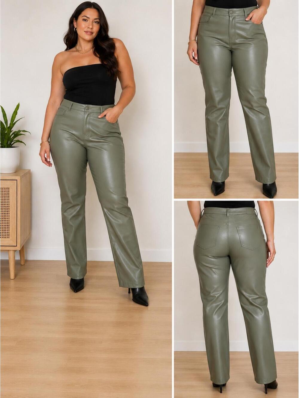 Zara‎ Olive Green Faux Leather Straight-Leg Pants US 12